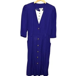 Vintage Peri‎ Petites Blue Midi Dress Gold Knot Buttons 3/4 Sleeve Pockets 10P